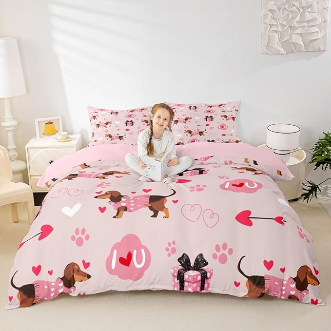 Cute Dachshund Duvet Cover Sets Full Size,Valentine's Day Bedding Set 3Pcs for Kids Girls Boys Adult Room Decor,Pink Love Heart Print Comforter Cover Romantic Dog Paw Quilt Cover,2 Pillowcases