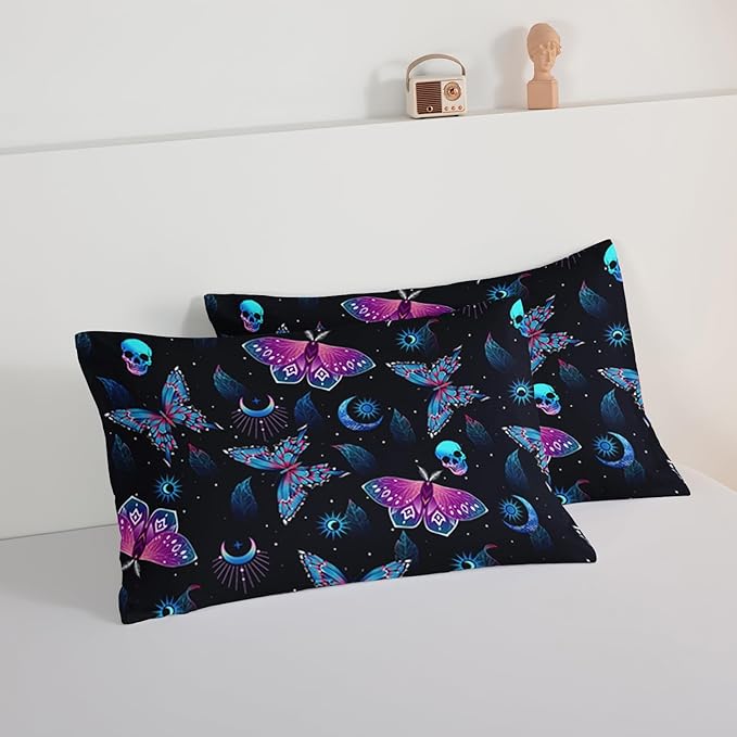 HOSIMA Halloween Full Size Comforter Sets Skull Butterfly Bed Set,Goth Bedding Set Black Comforter Full Size Bed in a Bag for Adults Boys Girls Halloween Room Decor Dark Academia Bedding.