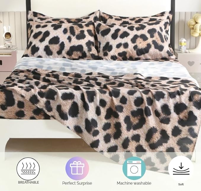 SDY 7PCS Leopard Bedding Set Queen,Animal Print Bedding for Kids, Toddler, Girls, Boys with Cheetah Comforter Set and Cheetah Sheets（no Velvet, just Velvet Look）