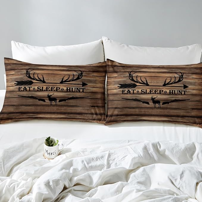 Castle Fairy Hunting Deer Full Size Duvet Cover Set,Deer Antler and Arrow Print Comforter Cover with 2 Pillowcases,3pcs,Retro Brown Rustic Farm Board Polyester Bed Spread for Boys Teens Bedroom Decor