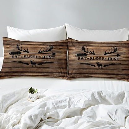 Castle Fairy Hunting Deer Bedding Set Queen Size,Deer Antler and Arrow Print Duvet Cover Set for Children Bedroom Present, Retro Brown Rustic Farm Board Microfiber Comforter Cover with 2 Pillowcases