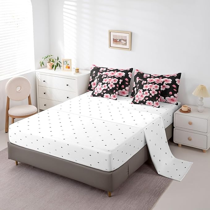 Feelyou Cherry Blossom Bed in a Bag Queen Size Japanese Floral 7 Piece Bedding Set for Kids Girls Teens Toddler Pink Flower Comforter Set with Sheets Romantic Bed Set