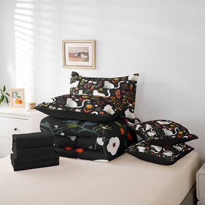 Feelyou Cute Cat 7 Piece Bedding Set Floral Flower Comforter Set with Sheets for Kids Boys Girls Nature Plants Bed in a Bag Black Colorful Bed Set Soft Lightweight