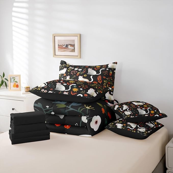 Feelyou Cute Cat 7 Piece Bedding Set Floral Flower Comforter Set with Sheets for Kids Boys Girls Nature Plants Bed in a Bag Black Colorful Bed Set Soft Lightweight