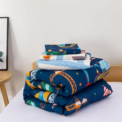 NTBED 4 Pieces Construction Truck Toddler Bedding Set for Baby Boys, Flags Vehicles Excavator Cars Printed, Includes Comforter, Flat Sheet, Fitted Sheet and Pillowcase,Navy