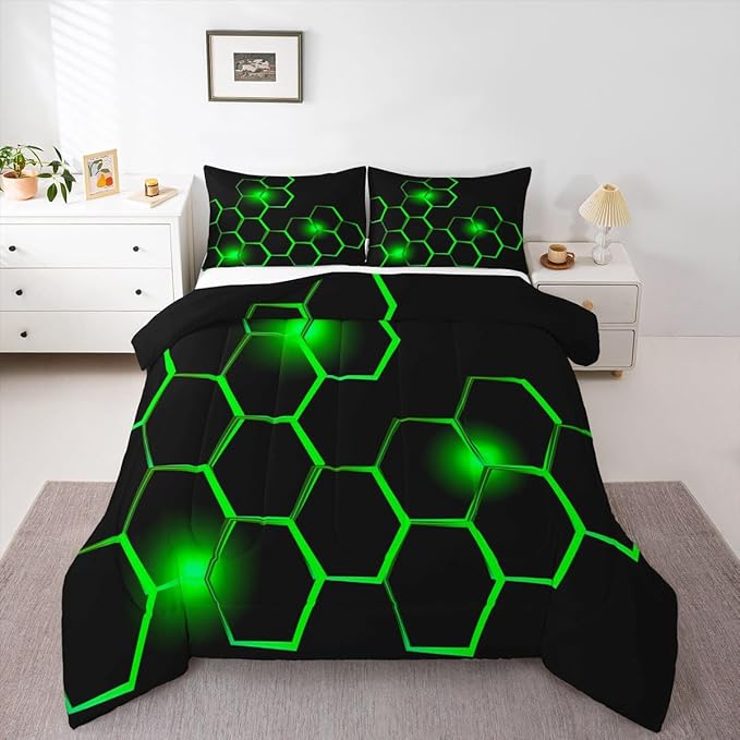 Feelyou Honeycomb Kids Comforter Set Modern Hexagon Bedding Set for Boys Children Teens Bedroom Decor Geometrical Comforter Beehive Geometric Black Green Duvet Set Queen Size with 3 Pillow Case