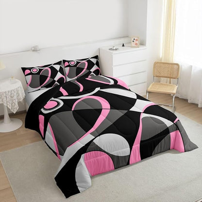 Feelyou Pink Grey and Black Comforter Retro Circle Geometrics Comforter Set Modern Abstract Art Bedding Set for Kids Boys Girls Geometrics Swirl Duvet Set Luxury Room Decor Quilt Set Full Size