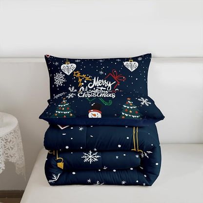Erosebridal Snowflake Comforter Set for Kids Boys Girls,Cartoon Snowman Bedding Twin,Merry Christmas Comforter Sets,Winter Xmas Tree Stars Duvet Insert with 1 Pillowcase
