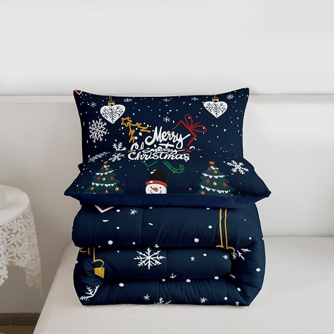Erosebridal Snowflake Comforter Set for Kids Boys Girls,Cartoon Snowman Bedding Queen,Merry Christmas Comforter Sets,Winter Xmas Tree Stars Duvet Insert with 2 Pillowcases