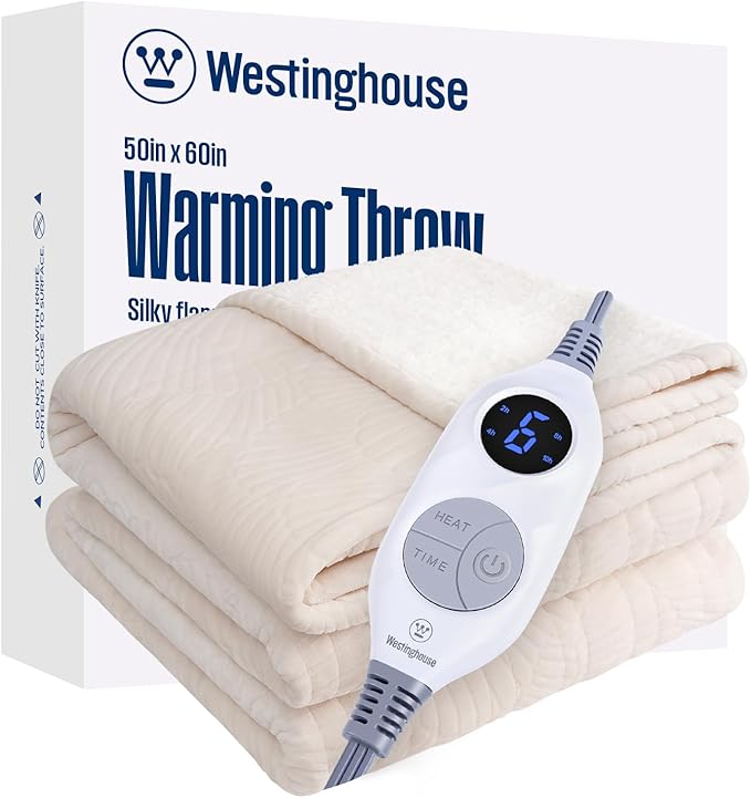 Westinghouse Electric Throw Blanket, Flannel Sherpa Heated Throw with 6 Heating Levels and 2-10 Hours Auto-Off, Flower Jacquard Heated Blanket, Fast Heating & ETL Certification, 50" x 60" Inch, Beige