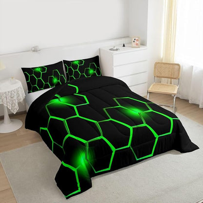 Feelyou Honeycomb Kids Comforter Set Modern Hexagon Bedding Set for Boys Children Teens Bedroom Decor Geometrical Comforter Beehive Geometric Black Green Duvet Set Queen Size with 3 Pillow Case