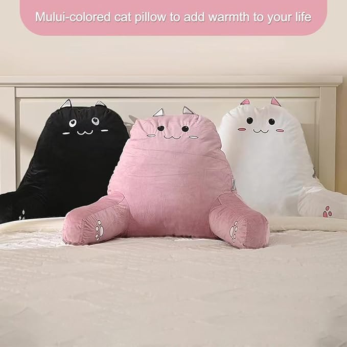 SUNSIDE Reading Pillow for Sitting in Bed, Cute Back Pillows for Adult, Shredded Memory Foam Bed Rest with Arms, Cat Design Bed Pillow, Relaxing, Watching TV, Gaming