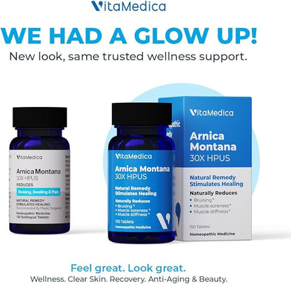 VitaMedica Arnica Montana 30X Homeopathic Tablets for Bruising Pain and Swelling | Plant Based Formula | Recommended by Plastic Surgeons | Natural Recovery Surgery Or Injury | 2 Pack | 100 Servings