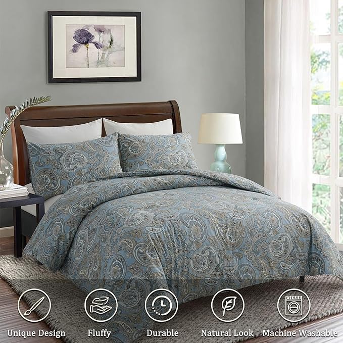 100% Cotton Duvet Cover Queen Size Blue Boho Paisley Pattern Duvet Cover Sets with Zipper Closure 3 Pcs Soft & Breathable Luxury Bedding Sets