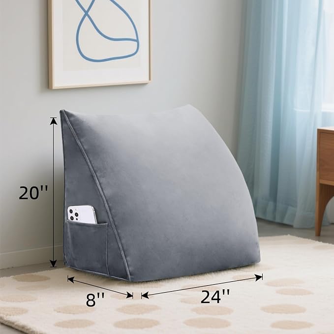 Wedge Headboard Reading Pillow for Bed Velvet Triangular Backrest Bolster Pillow for Sitting Up Daybed Cushion Lumbar Body Support Positioning for Headboard, Couch, Dorm, Grey