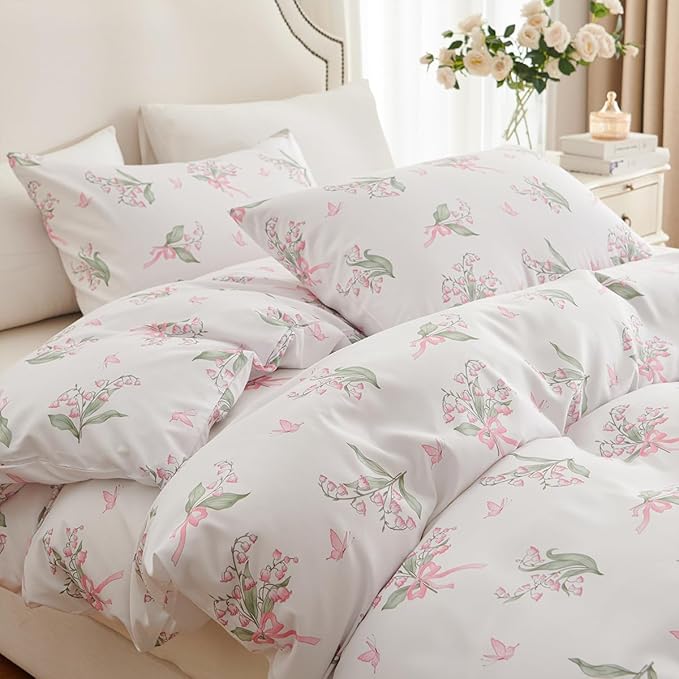 Duvet Cover Queen 3Pcs Pink Floral Bedding Set for Girls, Lily of The Valley with Butterfly and Bow Design, 1 Duvet Cover and 2 Pillowcases, Soft Breathable Microfibre Reversible