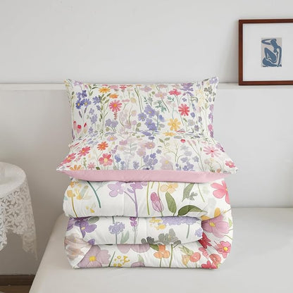 Erosebridal Colorful Floral King Comforter Set for Girls Boys Kids,Pink Purple Cute Flower Bedding Set Boho Bedroom Decor,Watercolor Wildflower Quilt Bed Set Rustic Flowers Bed Comforter Set 3Pcs