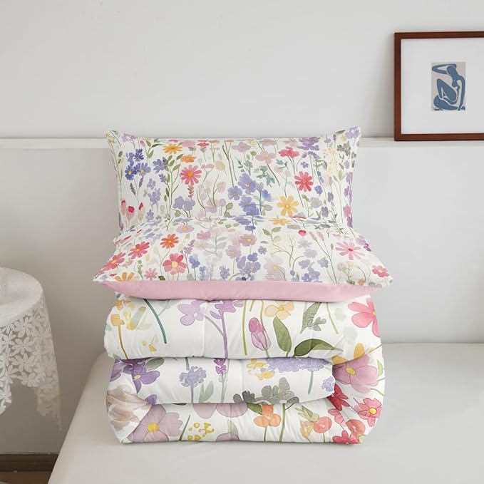Erosebridal Colorful Floral Twin Comforter Set for Girls Boys Kids,Pink Purple Cute Flower Bedding Set Boho Bedroom Decor,Watercolor Wildflower Quilt Bed Set Rustic Flowers Bed Comforter Set 2Pcs