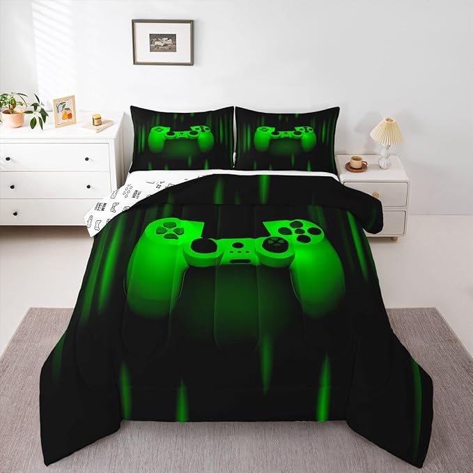 Feelyou Boys Gamer Comforter Set Full Size Bedding Set for Kids Gaming Comforter Green Black Video Games Gamepad Room Decor for Teens Child Super Soft Geometric Duvet Quilted Son Grandson Gift