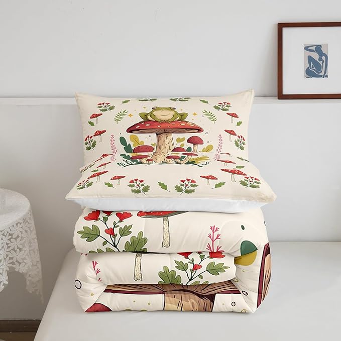 Feelyou Frog Print Bedding Set Kids Kawaii Comforter Set Frog Mushrooms Comforter Cover Set for Room Decor Botanica Cute Mushroom Decor Beige Red Duvet Set Queen Size 3Pcs Quilt Set