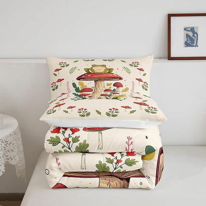 Feelyou Frog Print Bedding Set Kids Kawaii Comforter Set Frog Mushrooms Comforter Cover Set for Room Decor Botanica Cute Mushroom Decor Beige Red Duvet Set Queen Size 3Pcs Quilt Set