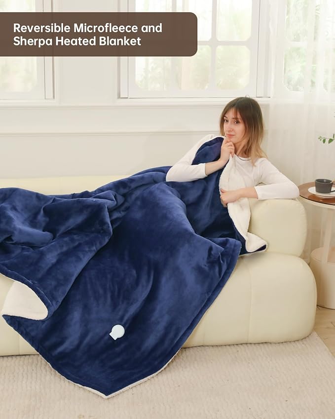 Electric Heated Blanket Full Size, Washable Blanket Warmer for Home for Adults, Fast Heating Super Cozy Soft Flannel 72" x 84", 9 Heat Levels, 1-9H Auto-Off, ETL Certified, Navy Blue