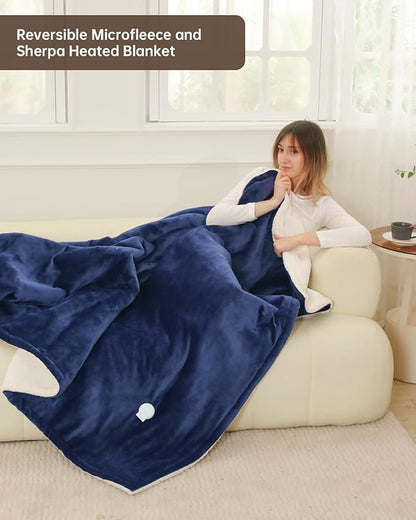 Electric Heated Blanket Queen Size, Washable Blanket Warmer with Dual Control for Home for Adults, Super Cozy Soft Flannel 84" x 90", 9 Heat Levels, 1-9H Auto-Off, ETL Certified, Navy Blue