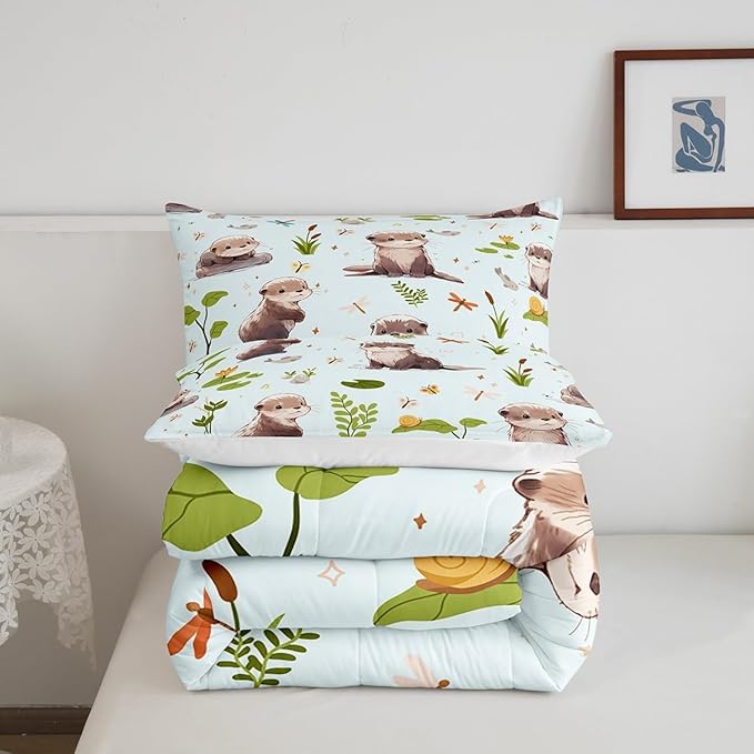 Watercolor Otter Comforter Set Twin Size 2 Pcs Cartoon Fish Wild Butterfly Dragonfly Bedding Set for Kids Boys Girls Teens Pond Green Lotus Leaf Cute Animals Microfiber Duvet Set with 1 Pillowcase