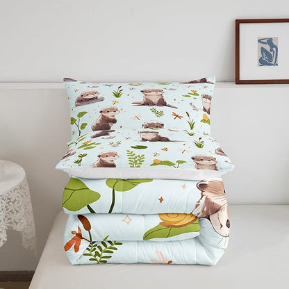 Watercolor Otter Comforter Set Queen Size Cartoon Fish Wild Butterfly Dragonfly Bedding Comforter for Kids Boys Girls Teens Pond Green Lotus Leaf Cute Animals Bedroom Quilt Set with 2 Pillowcases