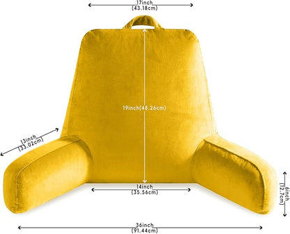 Reading Pillow for Sitting in Bed Adult, X-Large Reading Pillow with Shredded Memory Foam, Back Pillow for Sitting Up with Extend Arms, Pockets, Bed Pillow with Washable Cover, Yellow