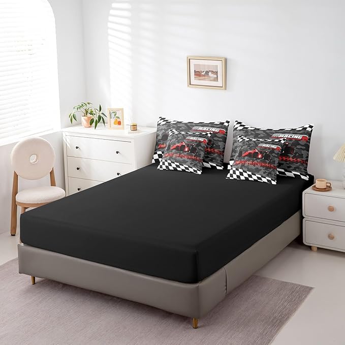 Feelyou Red Racing Car 7 Piece Bedding Set King Size Kids Boys Cartoon Race Car Comforter Set with Sheets for Teens Toddler Extreme Sports Bed in a Bag Camouflage Bed Set