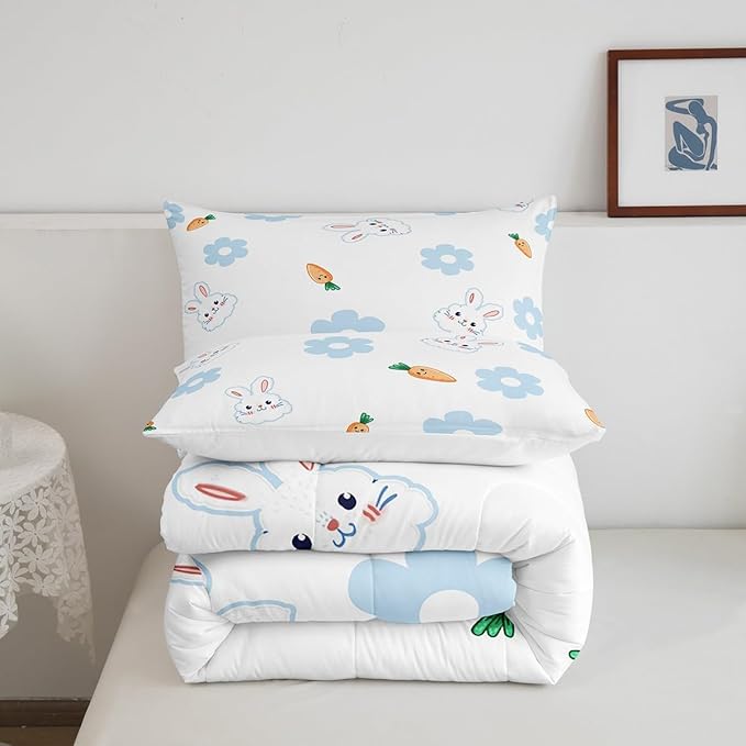 Cartoon Rabbit Kids Comforter Set Full Size 3 Pcs Blue 70s Groovy Hippie Daisy Bedding Set for Kids Boys Girls Teens Orange Carrot Cute Wild Animals Microfiber Duvet Set with 2 Pillowcases