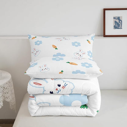 Cartoon Rabbit Kids Comforter Set King Size 3 Pcs Blue 70s Groovy Hippie Daisy Bedding Comforter for Kids Boys Girls Teens Orange Carrot Cute Wild Animals Bedroom Quilt Set with 2 Pillowcases