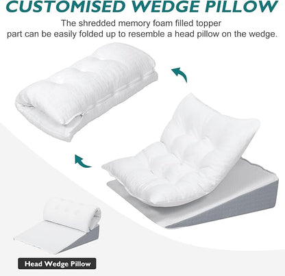 TANYOO Bed Wedge Pillow for Sleep Apnea 7.5Inch Gerd Pillow Patent Dual Layer Triangle Pillow Adjustable Shredded Memory Foam Topper Soft Support Ideal for Acid Reflux, After Surgery, Snoring