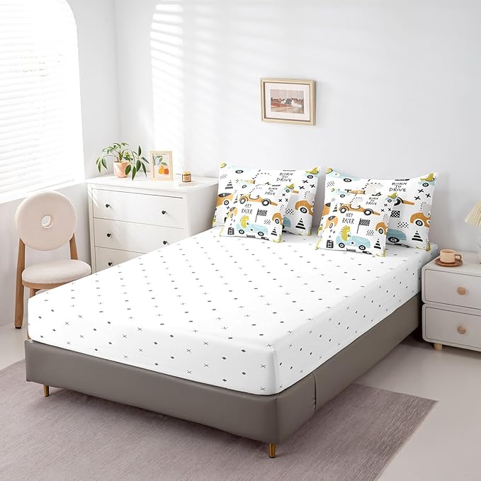 Feelyou Cartton Car Kids Comforter Set with Sheets 7 Piece Queen Size Racing Sports Game Bedding Set Decor Cute Dinosaur Racer Bed in a Bag Gift for Racing Lover White Blue Bed Set Bedroom