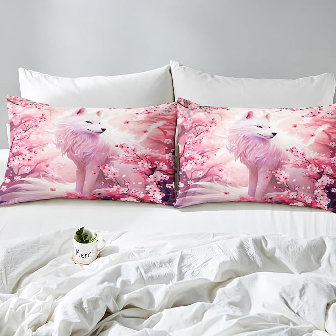 Fox Duvet Cover Set Twin Size,Pink Cherry Blossom Bedding Set 2Pcs,Wild Animals Plants Comforter Cover for Kids Girls Woman Adult Bedroom Decor,Japanese Style Romantic Quilt Cover,1 Pillowcase