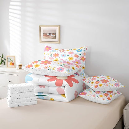 Feelyou Cute Flower 7 Piece Bedding Set Twin Size Kids Cartoon Cute Floral Bed in a Bag for Kids Girls Teens Toddler Yellow Pink Comforter Set with Sheets Kawaii Bed Set