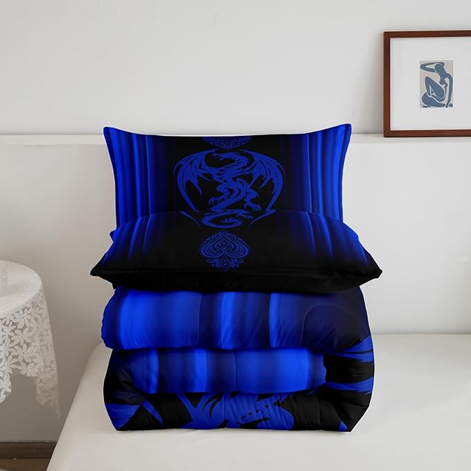 Feelyou Blue Dragon Comforter Set Gradient Ombre Blue Teens Women Bedding Set for Kids Boys Girls Vintage Boho Paisley Decor Comforter Exotic Trippy Quilt Set 3Pcs King Size