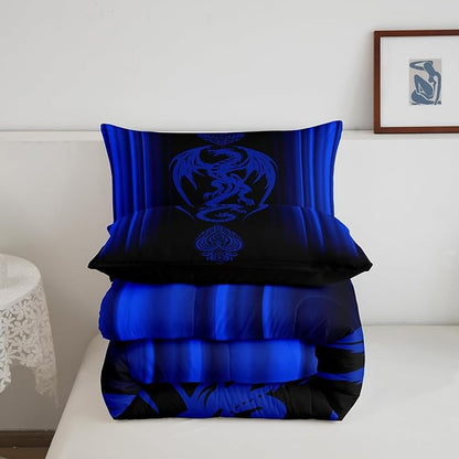 Feelyou Blue Dragon Comforter Set Gradient Ombre Blue Teens Women Bedding Set for Kids Boys Girls Vintage Boho Paisley Decor Comforter Exotic Trippy Quilt Set 3Pcs Queen Size