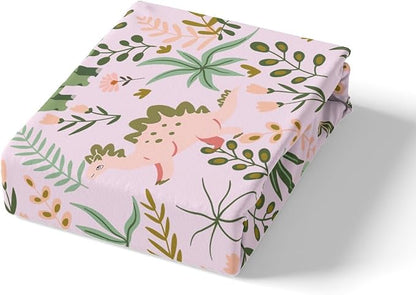 Cute Dino Pink Kids Duvet Cover Set Toddler Size,Kawaii Green Dinosaur Reversible Bedding Set for Kids Girls,Cartoon Wildlife Floral Leaves Plant Quilted Cover with 1 Pillowcase (NOT Comforter)