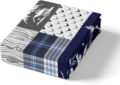 Bear Print Duvet Cover Queen Size,Deer Antler Animals Hunting Adventure Duvet Cover Set for Children Adult,Pine Arrow Blue Check Plaid Vintage Soft Comforter Cover for Dorm Room, Zipper, Ties