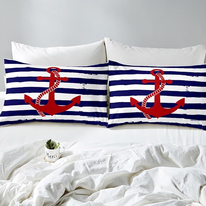 Nautical Anchor Duvet Cover Set King,Geometric Stripes Comforter Cover Ocean Adventure Theme Quilt Cover Navy Blue and Red Bedding Set 3pcs for Kids Girls Teens Boys Room Decor with 2 Pillowcases