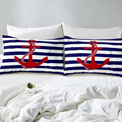 Nautical Anchor Duvet Cover Set Twin,Geometric Stripes Comforter Cover Ocean Adventure Theme Quilt Cover Navy Blue and Red Bedding Set 2pcs for Kids Girls Teens Boys Room Decor with 1 Pillowcase