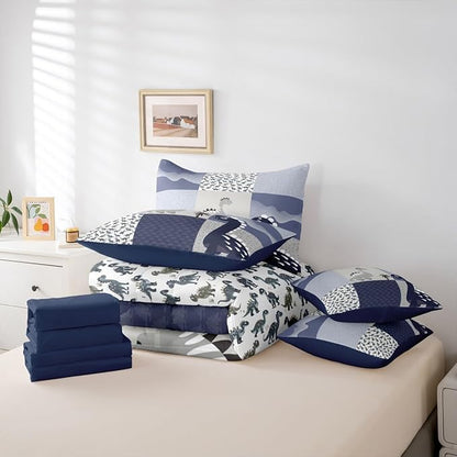 Feelyou Cute Dinosaur 7 Piece Bedding Set Dark Blue Dinosaur Comforter Set with Sheets Queen Size for Kids Boys Girls Geometric Pattern Bed in a Bag Animal Theme Bed Set Soft Lightweight