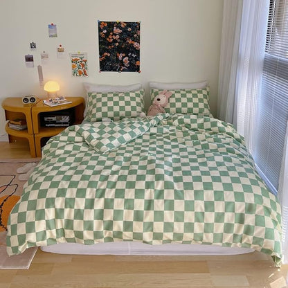 Wellboo Green White Plaid Comforter Sets Full Size Women Men Sage Checkerboard Grid Bedding Comforters Cotton Boys Girls Modern Grass Green and White Checkered Geometric Quilts Luxury Abstract Bed