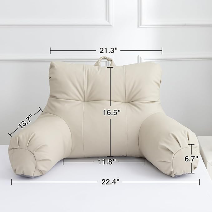 A Nice Night Faux Leather Reading Pillow for All Season,Wedge Bedrest Pillow Backrest with Arms Back Support for Sitting Up in Bed/Couch,Natural