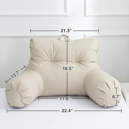 A Nice Night Faux Leather Reading Pillow for All Season,Wedge Bedrest Pillow Backrest with Arms Back Support for Sitting Up in Bed/Couch,Natural