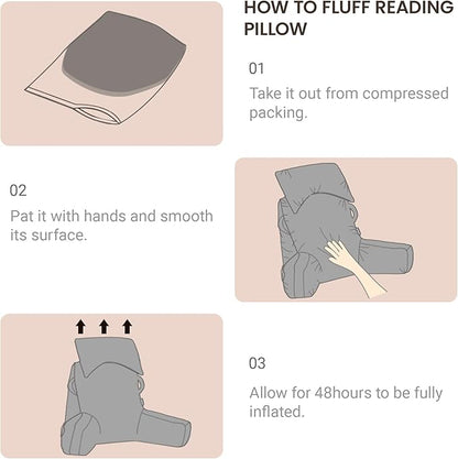 Portable Reading Pillows with Headrest for Bed Sitting Up(Brown Oeko-Tex), Velvet Back Pillow with Arms & Pockets for Adults, Support Memory Foam Bed Pillow for Dorm/Reading/Watching/Gaming