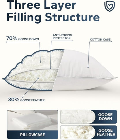 King Size White Goose Down Pillow, 800+ Fill Power Bed Pillow with Pillowcase for Luxury Hotels & Residences Supreme Support for All Sleeping Positions Bed Pillow, 1 Pack, 20x34 Inch