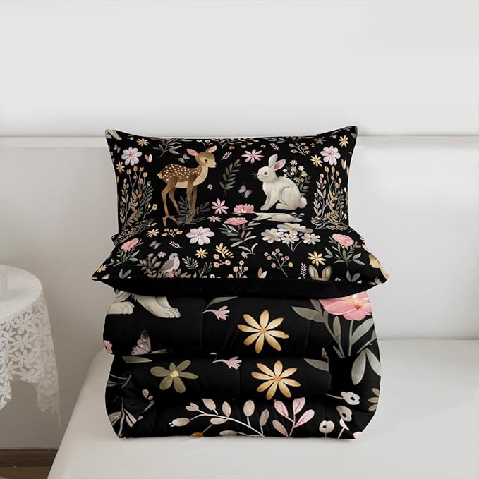 jejeloiu Cute Deer and Rabbit Comforter Set Full Size Floral Flower Bedding Set for Kids Boys Girls Nature Plants Duvet Quilt Black Colorful Bedroom Decor Microfiber 3 Pcs with 2 Pillow Cases
